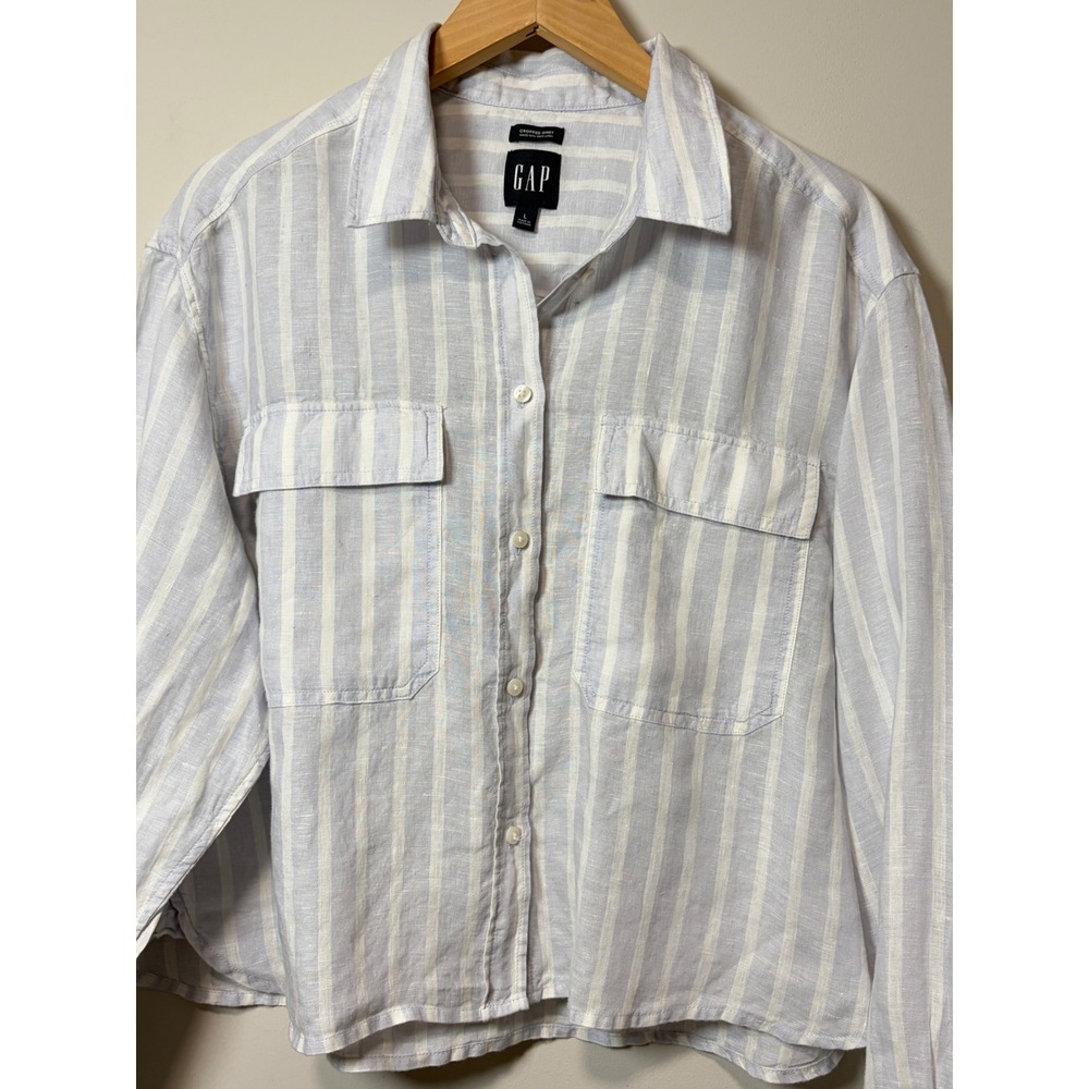 Gap Women Blue White Striped 100% Linen Cropped Long Sleeve Button Down Shirt L